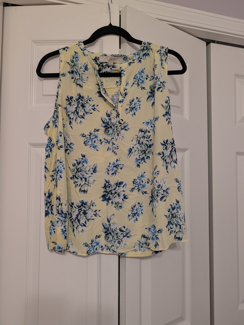 LOFT Pale Yellow Sleeveless V-Neck Top with Blue Floral Print